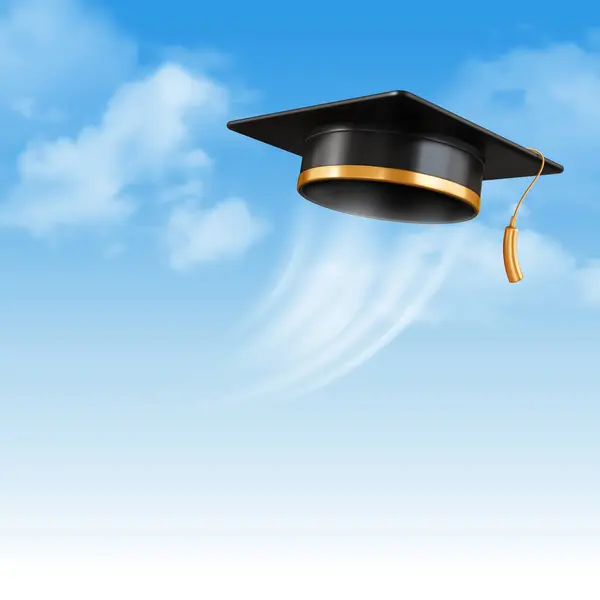 欢迎和祝贺毕业生大旗 毕业典礼 卡片模板上有3D顶黑色的学术帽 上面挂着蓝天背景的云彩 矢量说明 — 图库矢量图片#