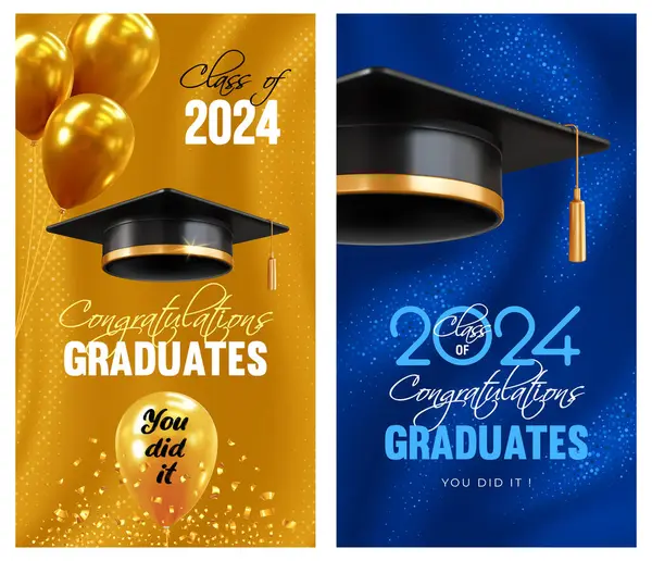 邀请和祝贺毕业生横幅 毕业典礼 有3D顶黑色学术帽 金色气球 金色和蓝色背景 闪烁着火花的贺卡 矢量说明 — 图库矢量图片#