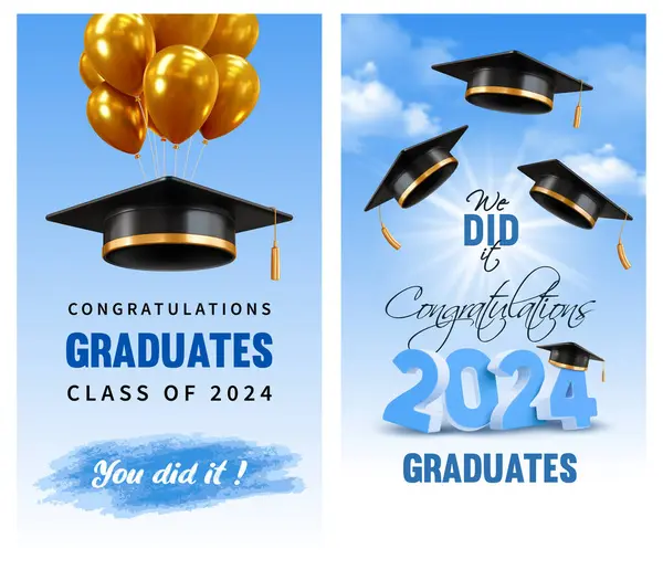 邀请和祝贺毕业生横幅 毕业典礼 卡片上有3D顶黑色的学术帽和蓝色天空背景的金色气球 上面点缀着云彩 矢量说明 — 图库矢量图片#