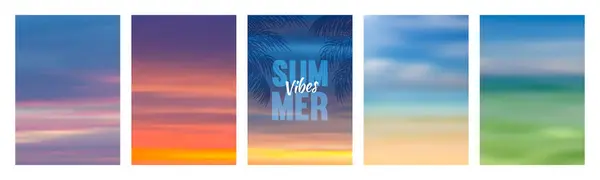 最小限のトレンディなスタイルでポスター バナーなどの夏の柔らかいぼやけた背景のセット トランキル海の風景 晴れた日 日の出 ビーチの日没と地平線 ベクトルイラスト — ストックベクタ