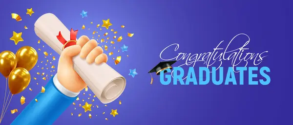 Parabéns Formandos Modelo Banner Celebração Com Uma Mão Segurando Diploma — Vetor de Stock