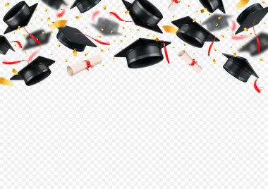 Üniversitede, okulda ya da üniversitede mezuniyet partisi. 3D gerçekçi siyah akademik mezuniyet şapkaları ya da toga şapkaları, konfeti ve diplomalar fırlatılmış, şeffaf arka planda uçuyor. Vektör illüstrasyonu