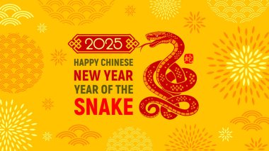 Greeting card, banner for Chinese New Year 2025, cartoon Snake, zodiac symbol of 2025 year, numbers, traditional patterns, text on yellow background. Chinese translation : Snake. Vector illustration clipart