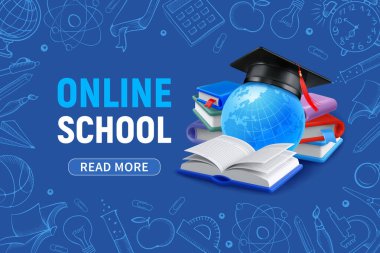 Çevrimiçi Okul, Mezuniyet şapkalı Okula Dönüş afişi, açık kitap, etrafta kitaplar. Mavi arkaplan, eğitim temalı nesnelerle çerçeve, karalama tarzında el çizimi. Vektör illüstrasyonu