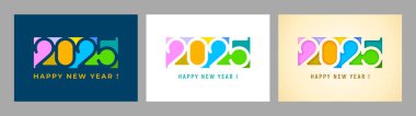 Mutlu yıllar 2025 logo dizaynı. Kapak için renkli şablonlar, takvim, tebrik kartı, kutlama afişi. Vektör illüstrasyonu