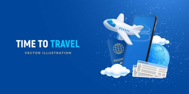 Seyahat zamanı, online rezervasyon, 3D gerçekçi beyaz uçakla kavramsal pankart şablonu, akıllı telefon, dünya, pasaport ve uçak biletleri mavi arka planda, mesaj için yer. Vektör illüstrasyonu