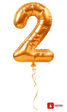 Golden foil balloon in form of number 2. Inflatable gold balloon, digit two, isolated. Festive decoration for birthday, anniversary or other holiday celebration. 3D realistic vector illustration clipart