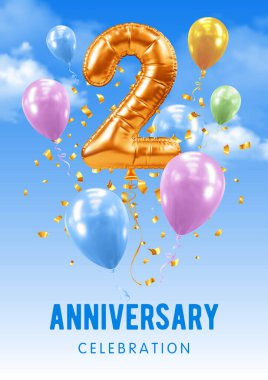 2nci yıldönümü kutlaması. Altın balon şeklinde 2 numara. 3D gerçekçi altın rakam iki, konfeti, mavi gökyüzü arkaplanı. Doğum günü şablonu, diğer özel etkinlik. Vektör illüstrasyonu