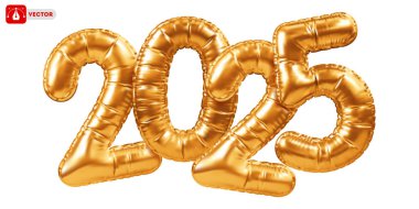 Glossy and sparkling holiday gold balloons in the shape of numbers 2025. 3D realistic golden festive decoration for New Year 2025 celebration. Vector illustration clipart