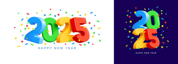 Счастливого Нового Года 2025 с разноцветными 3D реалистичными цифрами 2025. Элегантный и красивый дизайн для баннера, плаката, поздравительной открытки, календаря и социальных сетей. Векторная премиальная иллюстрация