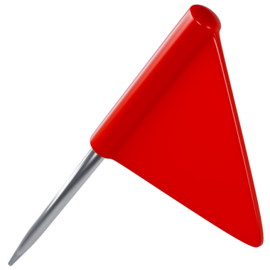 Plastik başlı kırmızı raptiye. Konum etiketi, gerçekçi 3D çizim. Kırtasiye malzemesi, ofis raptiyesi. Navigasyon, evrak ya da dikiş aksesuarı