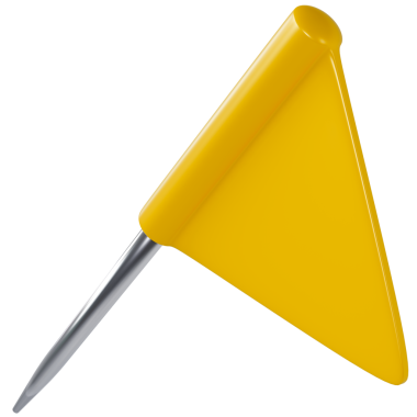 Plastik başlı sarı raptiye. Konum etiketi, gerçekçi 3D çizim. Kırtasiye malzemesi, ofis raptiyesi. Navigasyon, evrak ya da dikiş aksesuarı