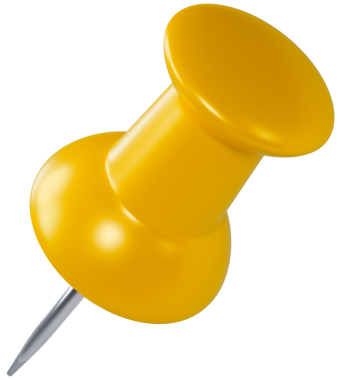 Plastik başlı sarı raptiye. Konum etiketi, gerçekçi 3D çizim. Kırtasiye malzemesi, ofis raptiyesi. Navigasyon, evrak ya da dikiş aksesuarı