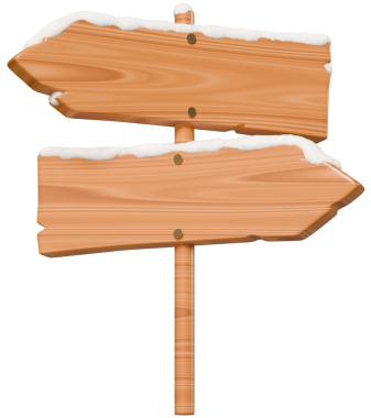 Karla kaplı boş tahta yönlü tabela. Tahta kalaslar, ok şeklinde, direğin üstünde. Yol tabelası. Kış teması ve kış tatili için tasarım öğesi