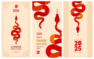 2025 yılının Çin yılbaşı tasarımları. Yılanlı, Çin burcunun yeni yıl sembolü. Tebrik kartı, afiş, poster ya da kapak için modern grafik sanatı. Hiyeroglifin anlamı Yılan. Vektör illüstrasyonu