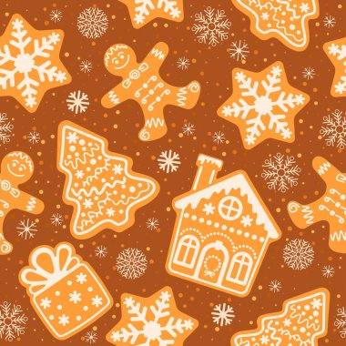 Mutlu Noeller ve kahverengi arka planda lezzetli zencefilli kurabiyeli kusursuz yeni yıl şablonu. Ev yapımı tatlı şekerler, bayram sembolleri ve kar taneleri şeklinde. Vektör illüstrasyonu