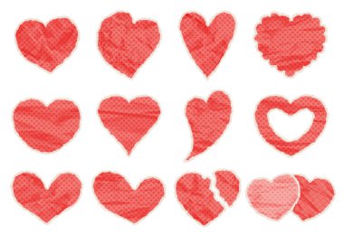 Buruşmuş kağıttan yapılmış farklı şekilli pembe kalpler. Yırtık kenarlı pop sanatında renk kalplerini kes. Sevgililer Günü kolajı için buruşuk kağıt dokusu olan eski elementler. Vektör illüstrasyonu