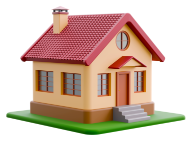 Kırmızı kiremit çatılı, bej renkli duvarlı ve verandasının üzerinde tepe örtüsü olan şirin küçük bir ev. Köy ya da köy evi, 3D görüntüleme, izole png illüstrasyon