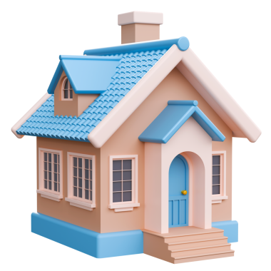 Açık mavi fayanslı, bej duvarlı, kemerli kapılı ve güzel verandalı şirin küçük bir ev. Köy ya da köy evi, 3D görüntüleme, izole png illüstrasyon