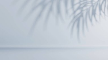 Minimalist temiz pastel açık mavi arkaplan. Ürün sunumu için sergi podyumu. Duvardan ve yerden güzel ışık huzmeleri ve palmiye yapraklarından gölgeler.