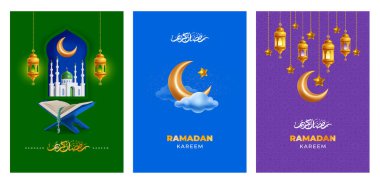 Ramazan Kareem tebrik kartı şablonları ayarlandı. Altın hilal, cami, Kur 'an, fener ve kaligrafi, yani yeşil, mor, mavi arka planda Ramazan Kareem. Gerçekçi 3d vektör illüstrasyonu
