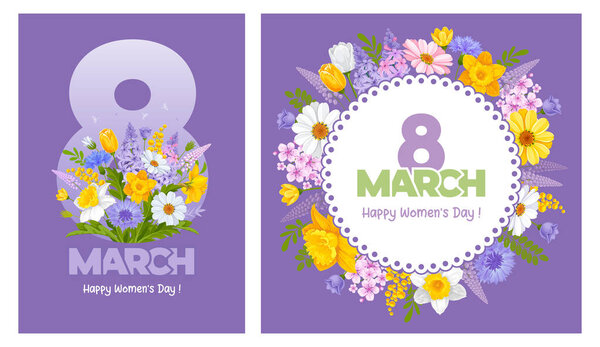 Happy International Women's day 8 March. Banner or greeting card templates set with number eight and a lot of colorful spring garden flowers and wildflowers. Cartoon Vector illustration