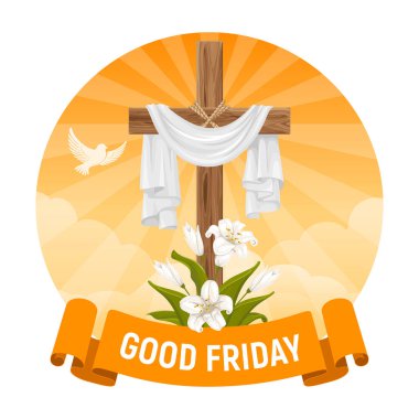 İyi cumalar. Kefenli ahşap haç ve zambak çiçekleri gökyüzüne karşı ışınlar ve güvercinler. Kutsal Cuma 'nın dini sembolleri, Palm Sunday ve Paskalya Pazarı. Vektör illüstrasyonu