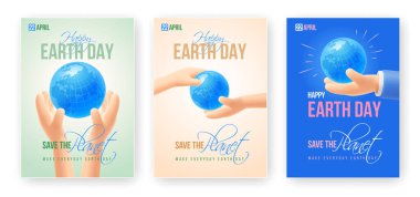 22. Dünya Günü posteri ya da afiş şablonu. 3D gerçekçi eller dikkatle Dünya 'yı tutuyor. Gezegen kavramını mavi, yeşil ve bej arka plana sakla. Vektör illüstrasyonu