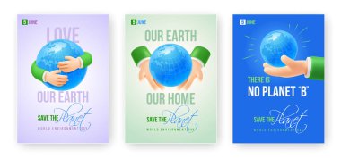 5 Haziran Dünya Çevre Günü posteri ya da afiş şablonları ayarlandı. 3D gerçekçi eller dikkatle Dünya 'yı tutuyor. Gezegen kavramını mavi, yeşil ve mor arka plana sakla. Vektör illüstrasyonu