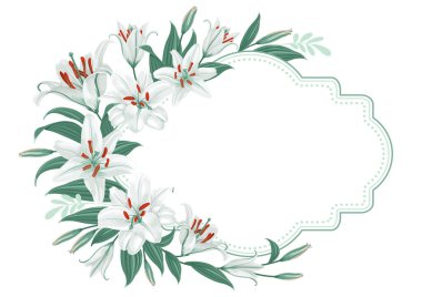 Tebrik kartı, pankart, kartpostal ya da etiket şablonu için çiçek tasarımı. Beyaz zambak çiçekleri ve beyaz arka planda klasik çerçevede yazı için yer. İzole vektör illüstrasyonu