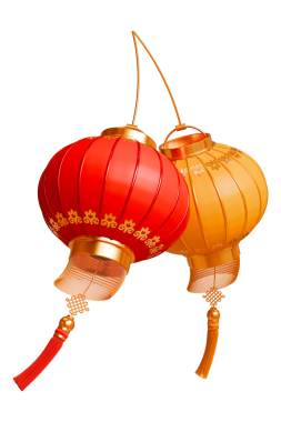 Kırmızı ve Sarı Çin Fenerleri. Püsküllü Asya kağıt fenerleri. Tatil süsü olarak Çin lambası asmak. 3d illüstrasyon