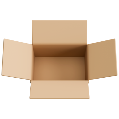 Karton kargo kutusu açıldı. Açılmış teslimat kutusunun resmi. Boş kargo kutusunu aç, üst manzara. İzole edilmiş 3d illüstrasyon