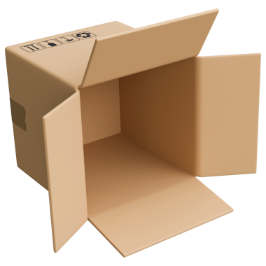 İçinde ambalaj sembolleri ve yapıştırıcı bant olan karton bir kargo kutusu. Tabelaları kırılgan, kuru ve geri dönüşümlü olan açık teslimat kutusu. Kargo kutusunu aç, yan görüş. İzole edilmiş 3d illüstrasyon