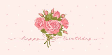 İyi ki doğdun. Kaligrafi şablonu ve el çizimi pembe gül çiçekleri. Doğum günü konsepti. Mutlu yıllar metin tasarımı. Vektör illüstrasyonu