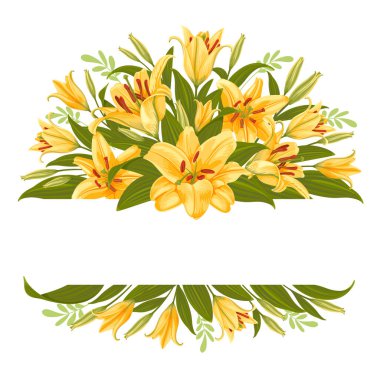 Tebrik kartı, etiket. Sarı kaplan zambağı çiçekleri ve kopya alanı ile süslü süslü çiçek. Dekor, günlük kompozisyon, yapraklar ve tomurcuklar beyaz arka planda izole. Vektör illüstrasyonu