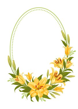 Sarı zambak çiçekli oval çerçeve ve kopyalama alanı. Çiçek süsleme, yapraklar ve tomurcuklar beyaz arka planda izole. Tebrik kartı, etiket, baskı için kullanılabilir. Vektör illüstrasyonu