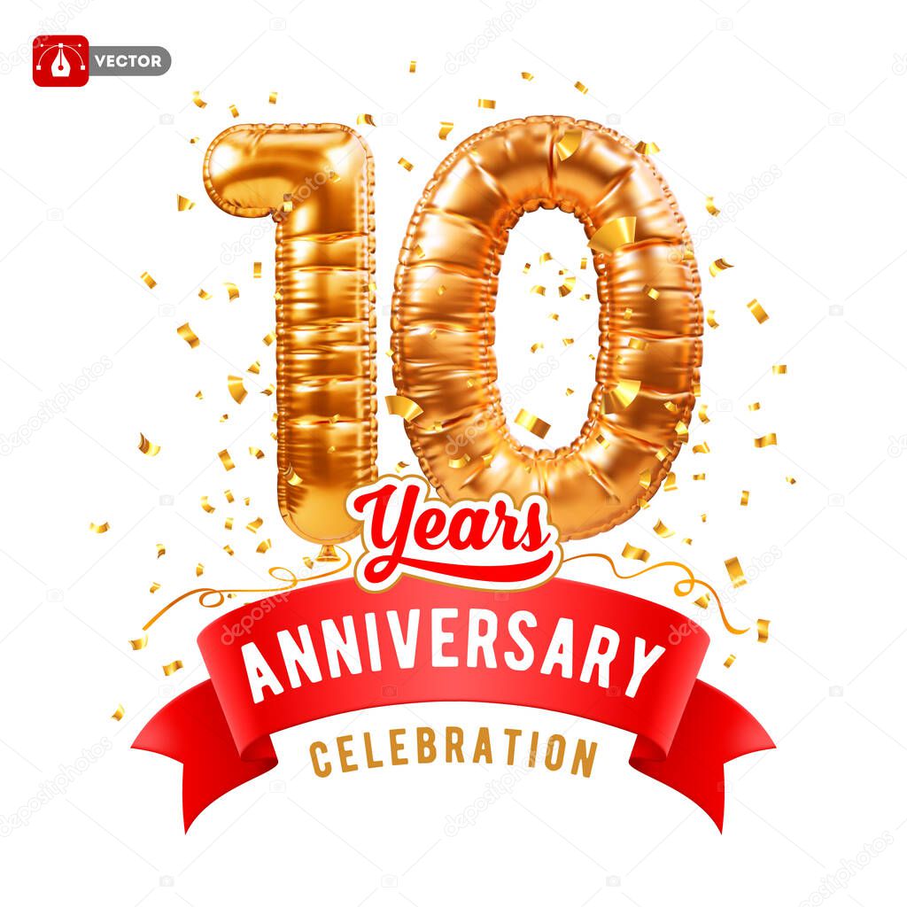 10th Years anniversary, birthday celebration. 3D realistic golden balloon shaped number ten, confetti and red ribbon with text, isolated. Template for jubilee, gala event. Vector illustration