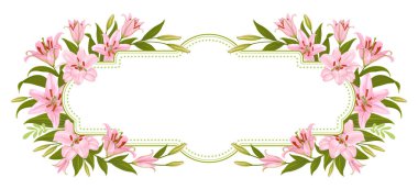 Pembe zambak çiçekleri ve metin için kopyalama alanı olan uzun, eski bir çerçeve. Zambaklı, yapraklı ve tomurcuklu hoş bir çiçek süslemesi, etiket şablonu. Tebrik kartı olarak kullanılabilir, yazdır. İzole vektör illüstrasyonu