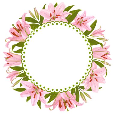Pembe zambak çiçekleriyle daire şeklinde çerçeve ve kopyalama alanı. Çiçek süsleme, yapraklar ve tomurcuklar beyaz arka planda izole. Tebrik kartı, etiket, baskı için kullanılabilir. Vektör illüstrasyonu