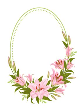 Pembe zambak çiçekli oval çerçeve ve kopyalama alanı. Çiçek süsleme, yapraklar ve tomurcuklar beyaz arka planda izole. Tebrik kartı, etiket, baskı için kullanılabilir. Vektör illüstrasyonu