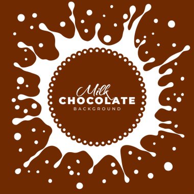 Süt ve çikolata serp ve salla. Dinamik sıçramalı şablon, damlalar, daire şeklinde, üst görünüm. Geçmişi, logosu, amblemi, tatlı süt ürünleri etiketi için kullanılabilir. Vektör illüstrasyonu