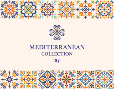 Etiket, kart ya da afiş şablonu Azulejo mozaik şablonu, mavi, turkuaz, sarı renkler, çiçek motifleri. Akdeniz, Portekiz, İspanyol geleneksel klasik tarzı. Vektör illüstrasyonu