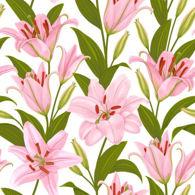 Pembe zambak çiçekleri, yaprakları ve tomurcukları beyaz bir arka planda izole edilmiş kusursuz desen. Zambaklı duvar kağıdı. Şirin bir botanik süslemesi. Vektör illüstrasyonu