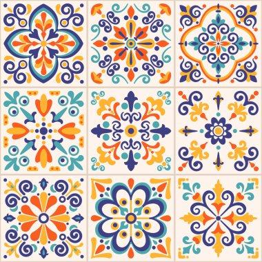 Meksika talavera desenli, çiçek motifli, pastel renkli. Akdeniz, Portekiz, İspanyol geleneksel klasik seramik majolikası. Arabesk etnik halk süsü. Vektör illüstrasyonu