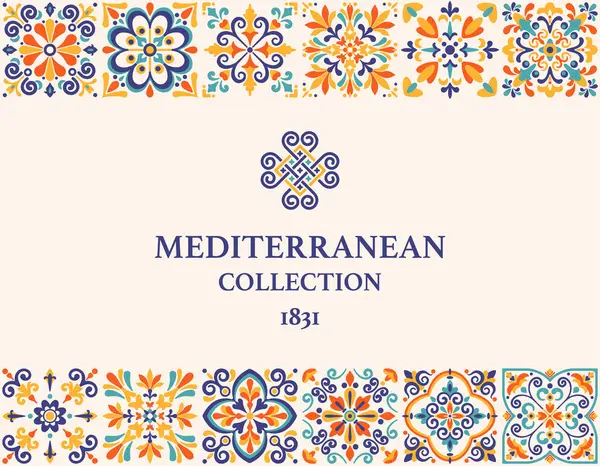 Etiket, kart ya da afiş şablonu Azulejo mozaik şablonu, mavi, turkuaz, sarı renkler, çiçek motifleri. Akdeniz, Portekiz, İspanyol geleneksel klasik tarzı. Vektör illüstrasyonu