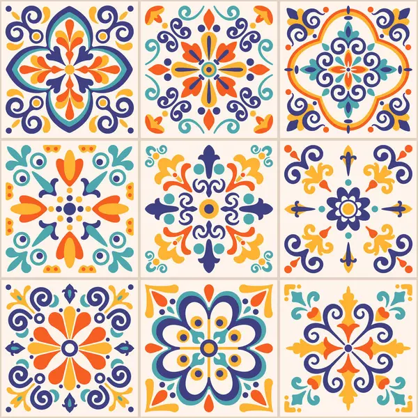 Meksika talavera desenli, çiçek motifli, pastel renkli. Akdeniz, Portekiz, İspanyol geleneksel klasik seramik majolikası. Arabesk etnik halk süsü. Vektör illüstrasyonu