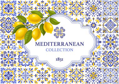 Kartlar afiş ya da etiket şablonu Azulejo mozaik şablon, mavi ve sarı renkler, dalda limonlar. Akdeniz 'de geçmiş, Portekiz geleneksel tarzı. Vektör illüstrasyonu