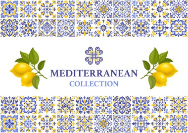Kartlar afiş ya da etiket şablonu Azulejo mozaik şablon, mavi ve sarı renkler, dalda limonlar. Akdeniz 'de geçmiş, Portekiz geleneksel tarzı. Vektör illüstrasyonu