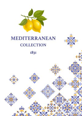 Poster, pankart ya da etiket şablonu Azulejo mozaik şablon, mavi ve sarı renkler, narenciye, dalda limon. Akdeniz, Portekiz, geleneksel tarz. Vektör illüstrasyonu