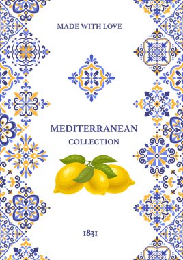 Poster, pankart ya da etiket şablonu Azulejo mozaik şablon, mavi ve sarı renkler, narenciye, dalda limon. Akdeniz, Portekiz, geleneksel tarz. Vektör illüstrasyonu